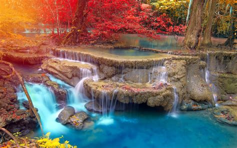 Landscape Waterfall Nature Trees Thailand Fall Colorful Tropical