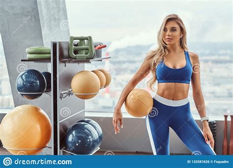 Girl With A Fitness Ball In The Gym Stock Photo Image Of City Body