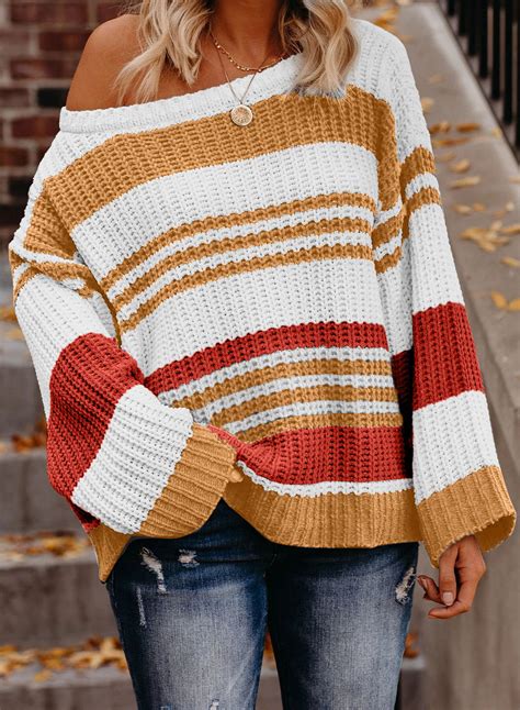 Us98 Orange Striped Pattern Knit Sweater Wholesale Online