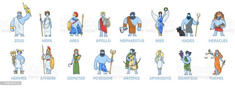 Pantheon Of Ancient Greek Gods Ancient Greece Mythology Set Of Cartoon
