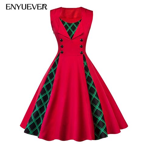 Enyuever Women Plaid Dress Sleeveless Patchwork Pin Up Casual Red Vestido Vintage 50s Swing Robe