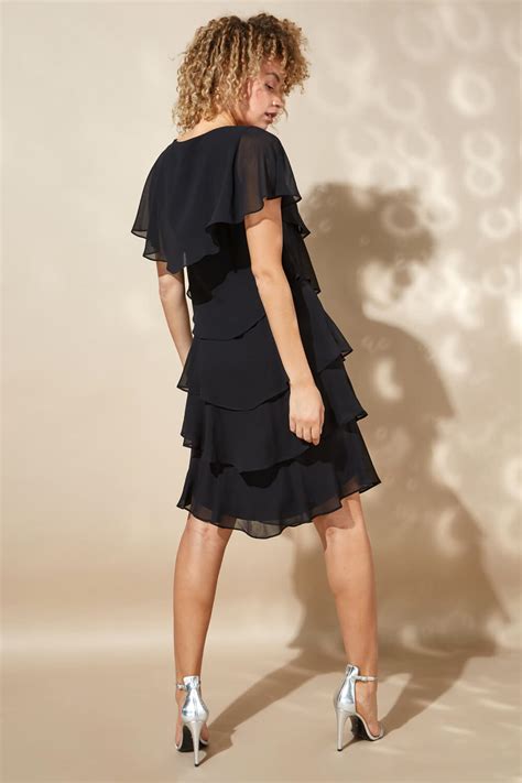 Tiered Chiffon Frill Dress In Black Roman Originals Uk