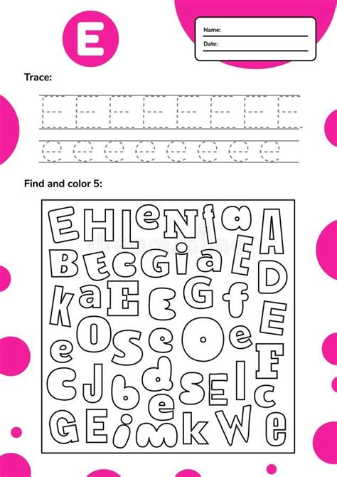 The Letter E Worksheet Is Shown In Pink And White With Polka Dot Dots