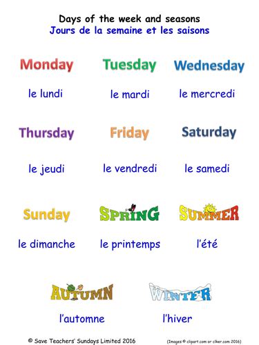Days Of The Week And Seasons In French Worksheets Games Activities