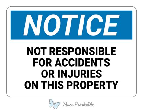 Printable Not Responsible For Accidents Or Injuries On This Property