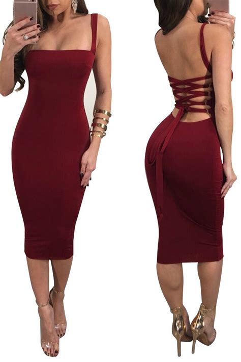 Women Bodycon Dress Sexy Solid With Drawstring Spaghetti Strap Backless Tight Package Hip Night