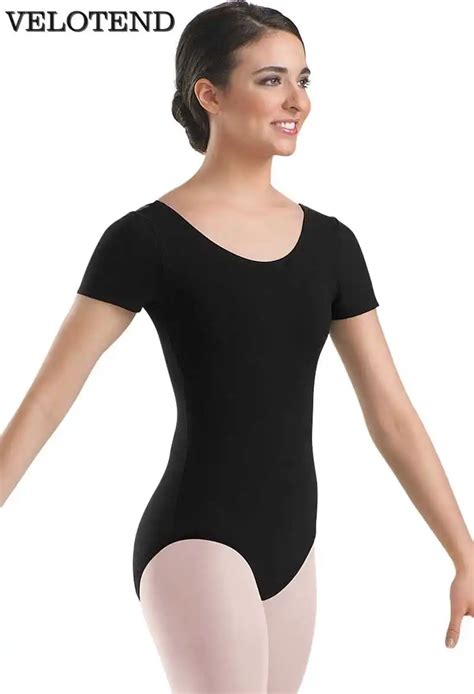 Velotend Adult Short Sleeve Leo Black Ballet Leotard For Dance Costumes Girls Ballet Clothes For