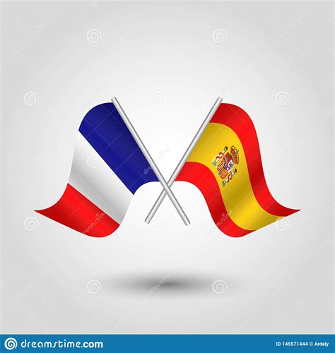 Vector Two French And Spanish Flags On Silver Sticks Symbol Of France