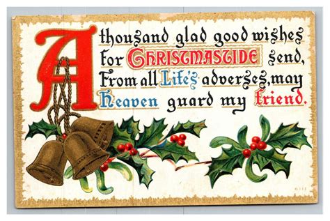 Vintage 1900s Christmas Poem Postcard Gold Bells Mistletoe Holly