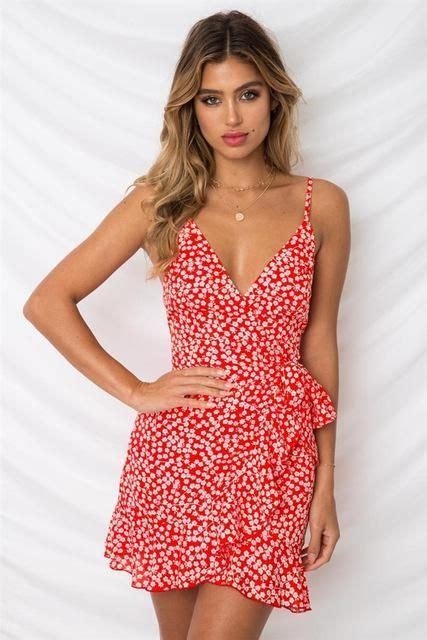 Elegant Ruffle Strap V Neck Floral Printed Short Dress Womens Dresses