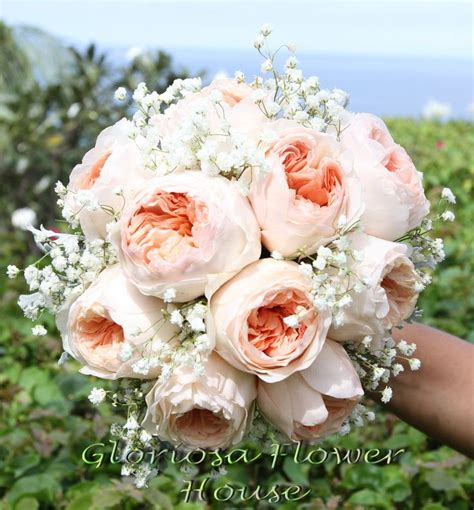 Peach David Austin Roses With White Babys Breath And Silver Dust