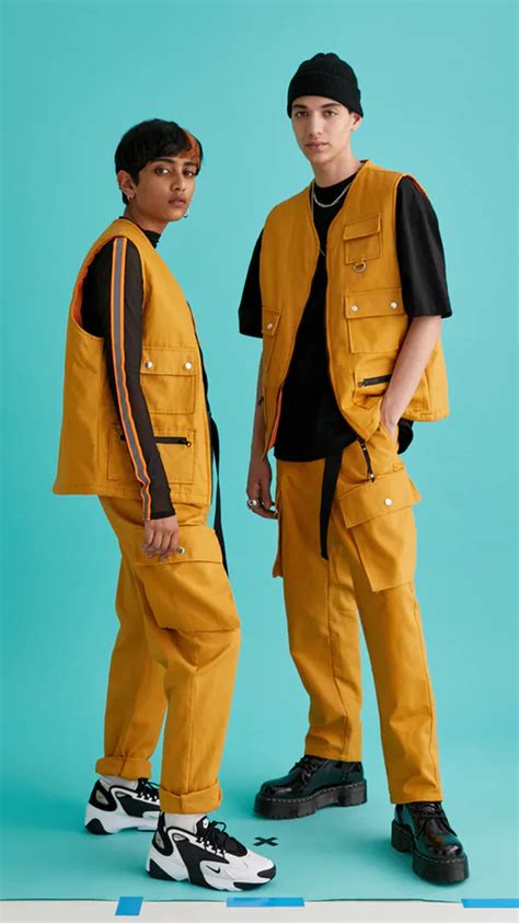 rave unisex utility trousers in mustard skirts and trousers collusion couple outfits girl