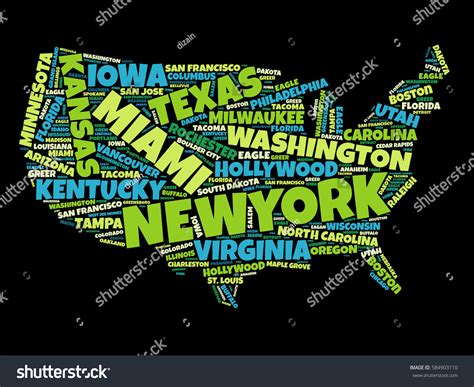 Usa Map Word Cloud Most Important Stock Illustration 584903110