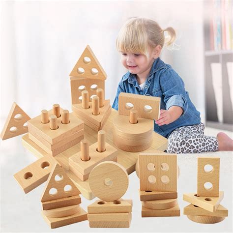 1 Set Kids Wooden Stacking Blocks Geometric Shape Blocks Early
