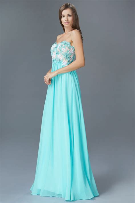 Light Blue Long Prom Dress With Lace White Floral Detail On The