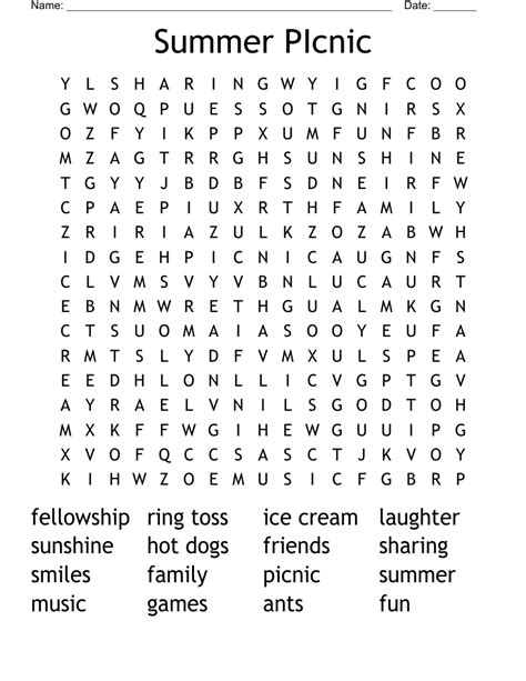 Summer Picnic Word Search Wordmint