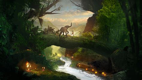 Desktop Wallpaper Forest River Stream Playtime Fantasy Elephant