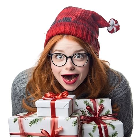 Funny Red Haired Girl In Christmas Cap And Glasses With Gift Boxes Woman Gift Surprise