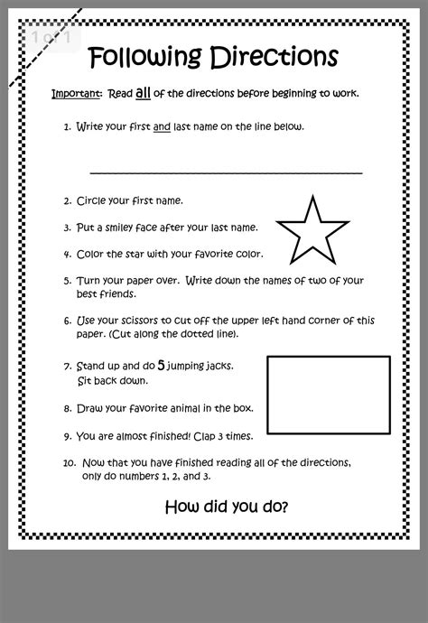 Following Directions Math Worksheet