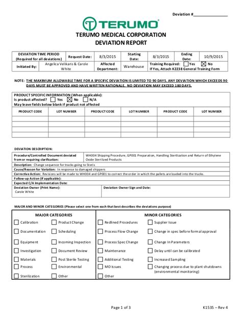 Deviation Report Template 4 Templates Example Templates Example