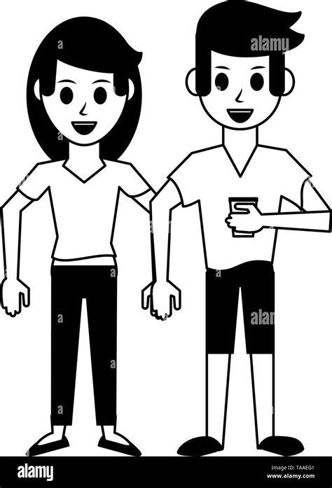 Couple Drinking Coffee Cartoon In Black And White Stock Vector Image