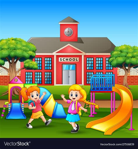 Cartoon Little Girls Playing On Playground Vector Image