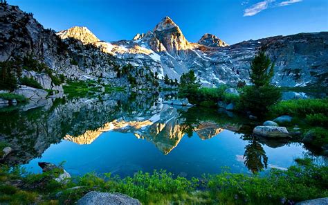 Mountain Reflection In The Lake Crystal Peaks Grass Rocks Serenity