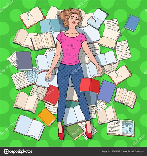 Pop Art Exhausted Student Lying Floor Books Overworked Young Woman