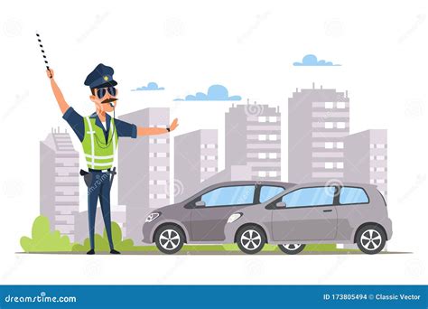 Cop Patrolling Street Flat Vector Illustration