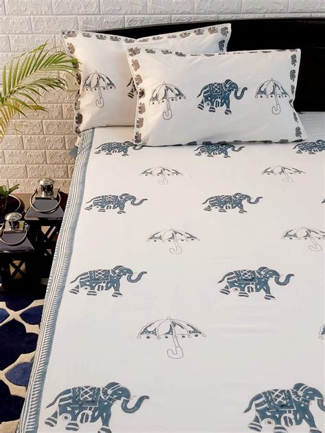 Indian Hand Block Print Jaipuri Cotton Bed Sheet With 2 Pillow Covers