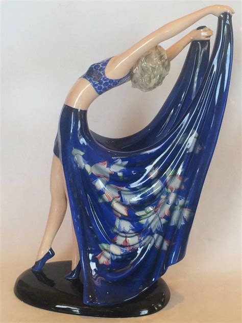 Beautiful Art Deco Goldscheider Statue Of Dancing Lady With Blue Dress