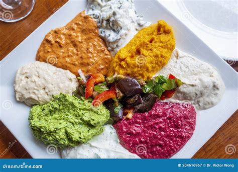 Close Up Of Various Colorful Middle Eastern Dips And Spreads Stock Image Image Of Eastern