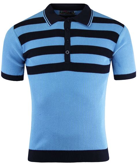 Madcap England Terry Retro Mod Ribbed Stripe Knit Polo Shirt Sky