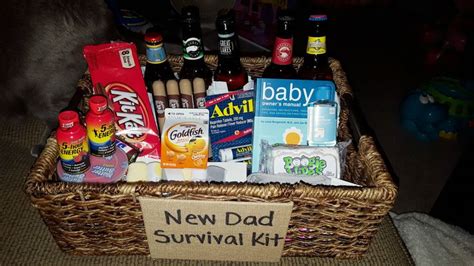 This post is about new dad gifts. New Dad Survival Kit: snacks, candy, 5-hour energy, beer ...