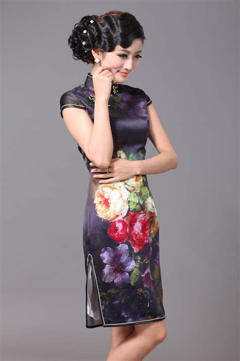 Glamorous Peony Flowers Silk Cheongsam Qipao Cheongsam Dresses Women