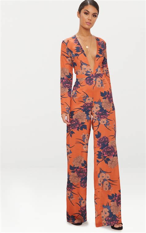 Orange Floral Print Long Sleeve Plunge Jumpsuit Prettylittlething Ca