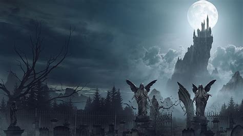 Hd Wallpaper Fantasy Art Night Sky Castle Artwork Moon Graveyards