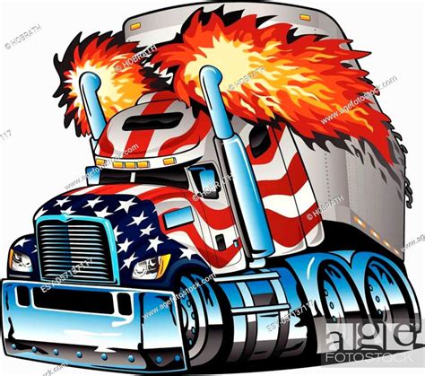 Awesome Big Rig Diesel Tractor Trailer Cartoon Illustration Semi Truck