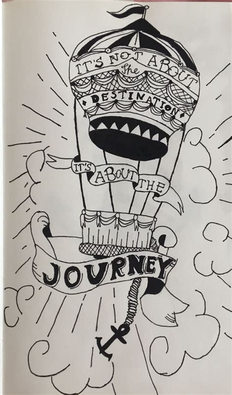 An Ink Drawing Of A Hot Air Balloon With The Words Journey On Its Side