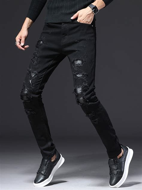 Attractive Black Patchwork Long Ripped Jeans Wholesale