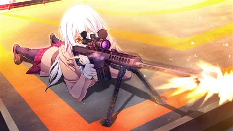 wallpaper gun long hair white hair anime girls weapon skirt orange eyes sniper rifle