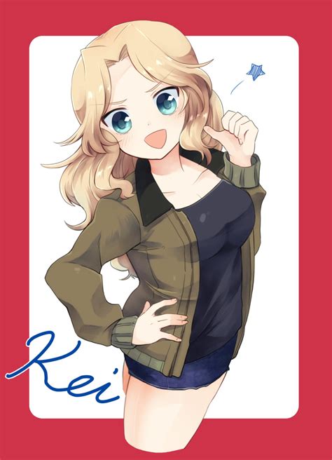 safebooru 1girl d absurdres black shirt blonde hair blue eyes blue shorts border brown jacket