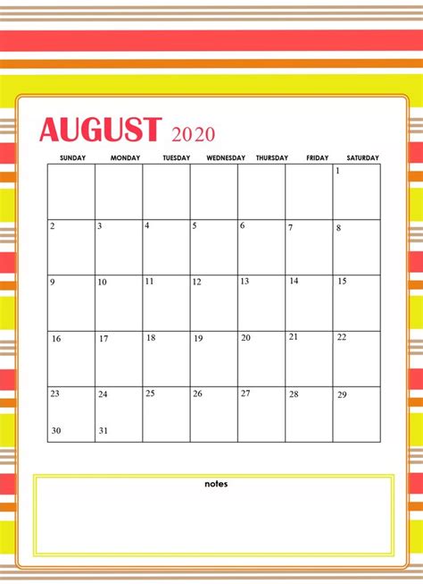 Print August 2020 Cute Calendar Monthly Calendar Template Calendar