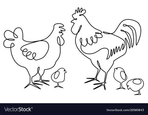 Cock Hen And Chickens One Line Drawing Design Vector Image