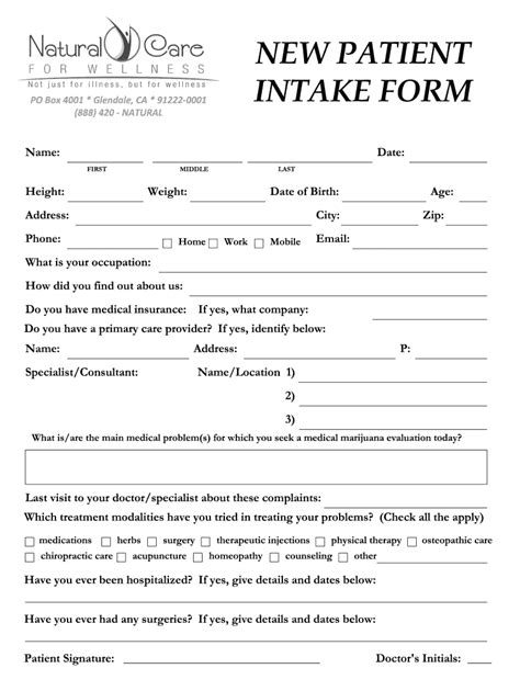 New Patient Intake Form Natural Care For Wellness Fill And Sign