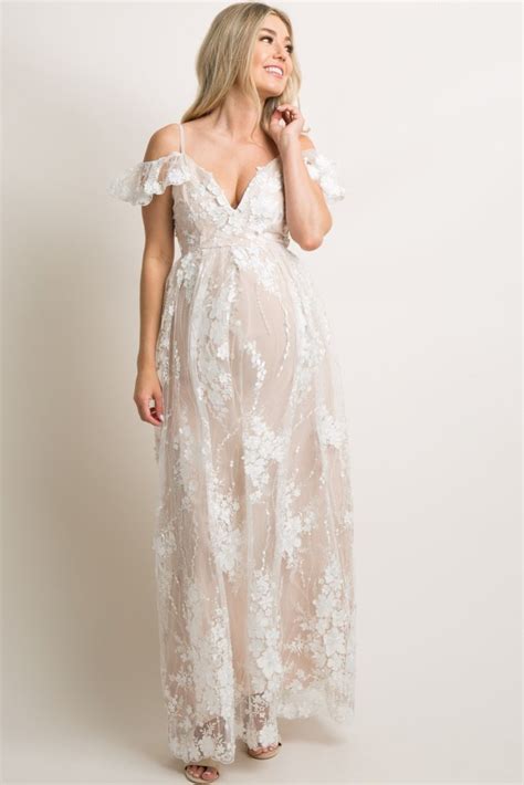Ivory Floral Embroidered Mesh Maternity Evening Gown Maternity Evening Gowns Lace Maternity
