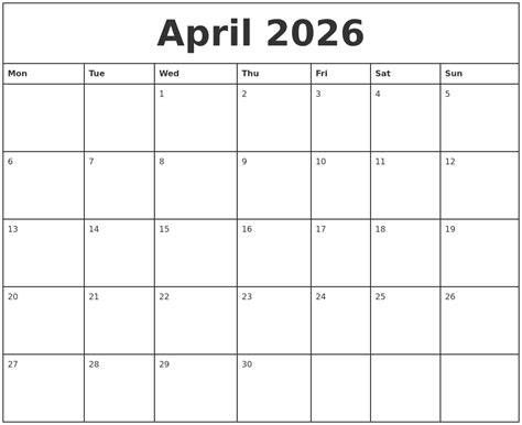 April 2026 Printable Monthly Calendar