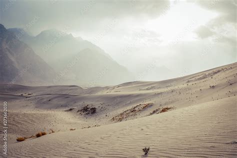Landscape View Of Sarfaranga Katpana Cold Desert Against Snow Capped