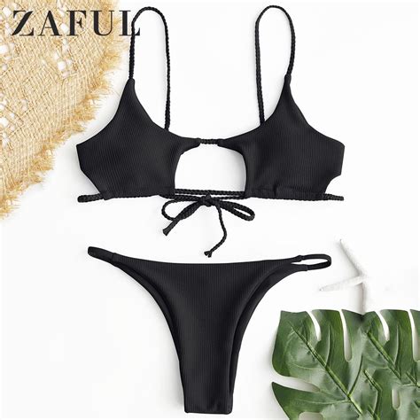 Zaful Bikini Braided Ribbed Cutout Bikini Set Spaghetti Straps Low