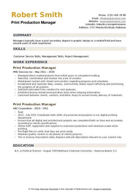 I have worked for more than four films as the chief production manager with iti film studios, islamabad. Print Production Manager Resume Samples | QwikResume